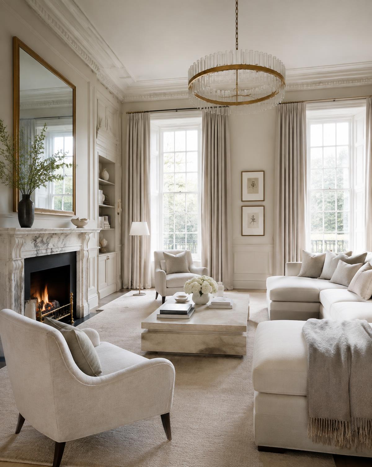 Light-filled luxury drawing room with marble fireplace
