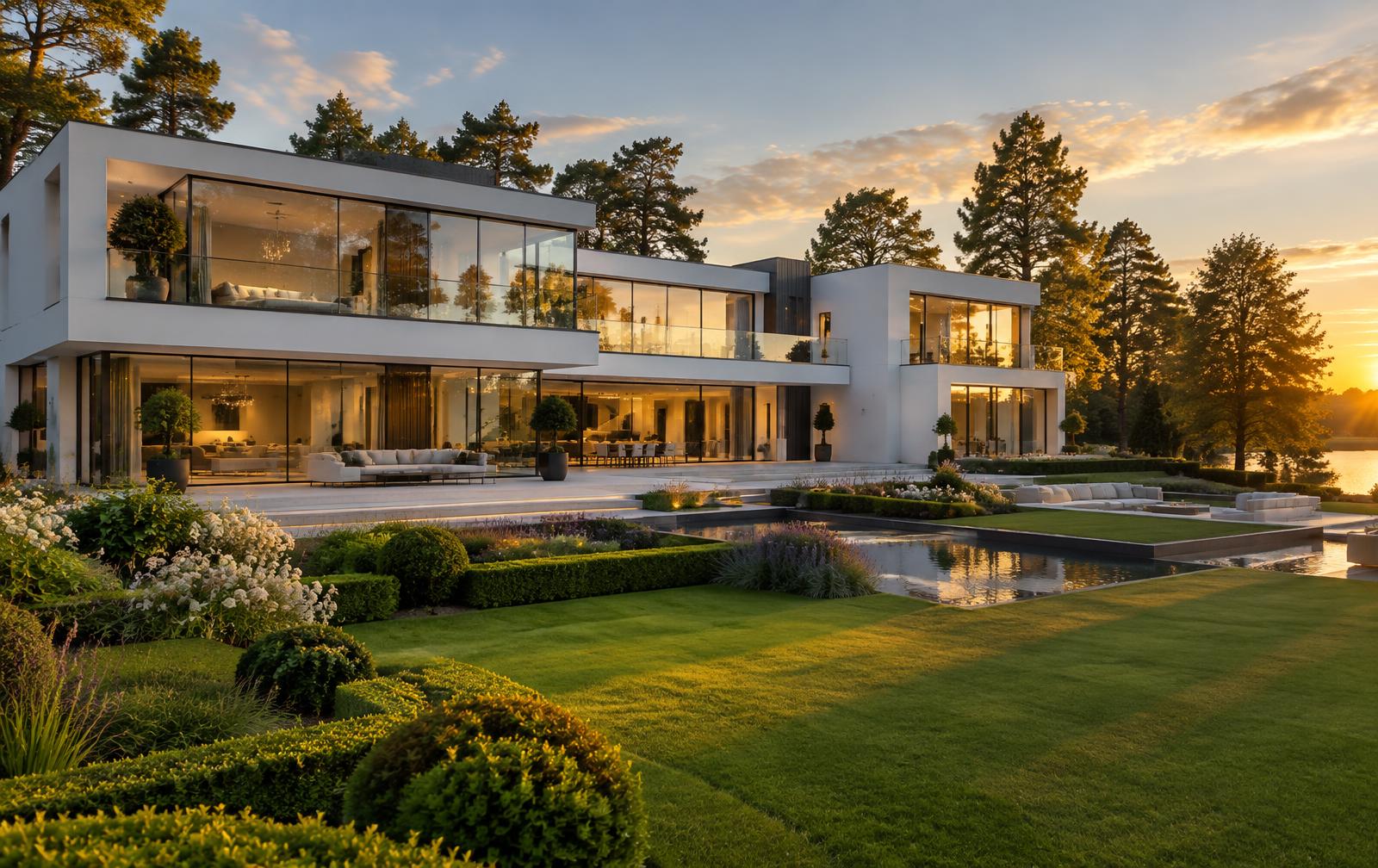 Contemporary glass-fronted residence with landscaped gardens at sunset
